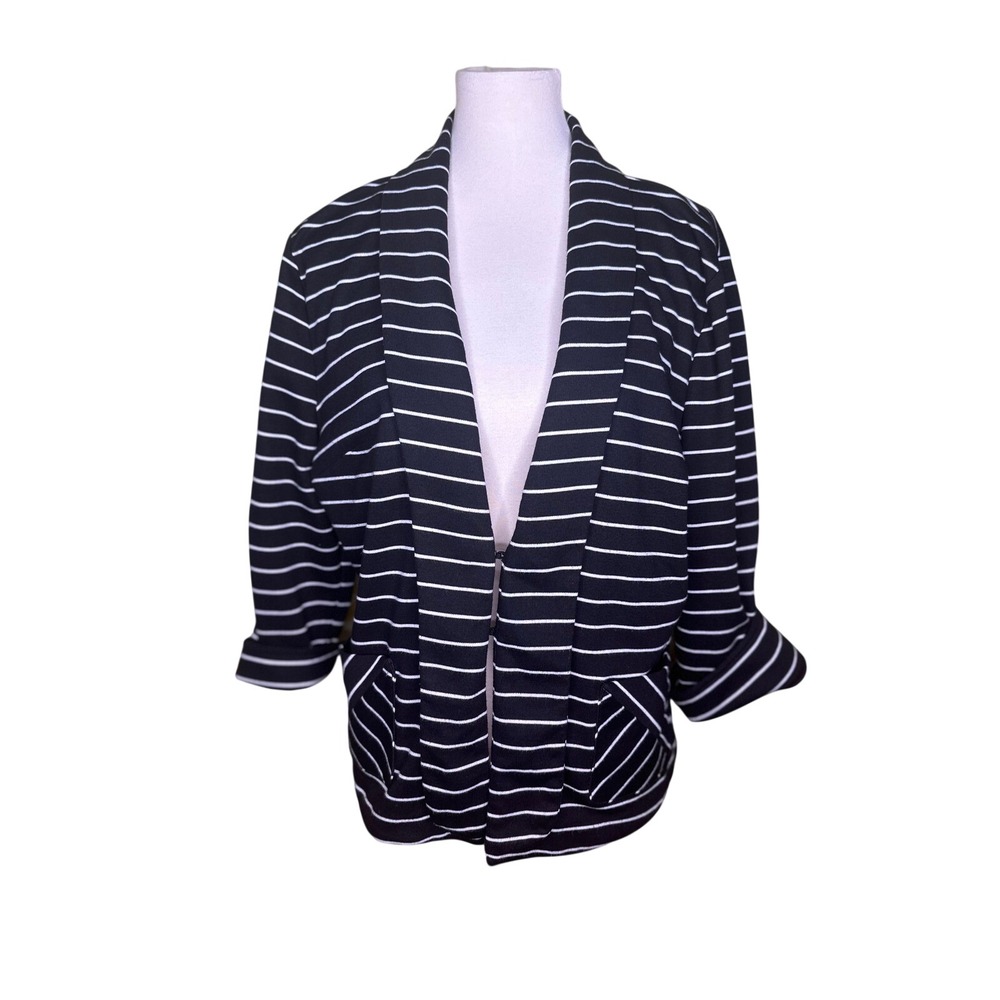 Tribal Womens Black White Striped Open Front Knit Blazer Jacket Size 14